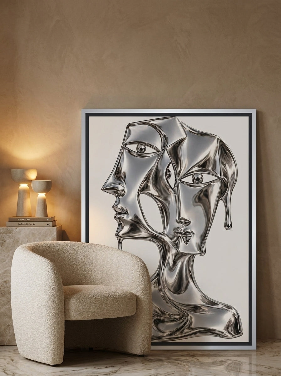 Canvas wall art with a silver leaf surround leaning against the wall in a luxe dining room