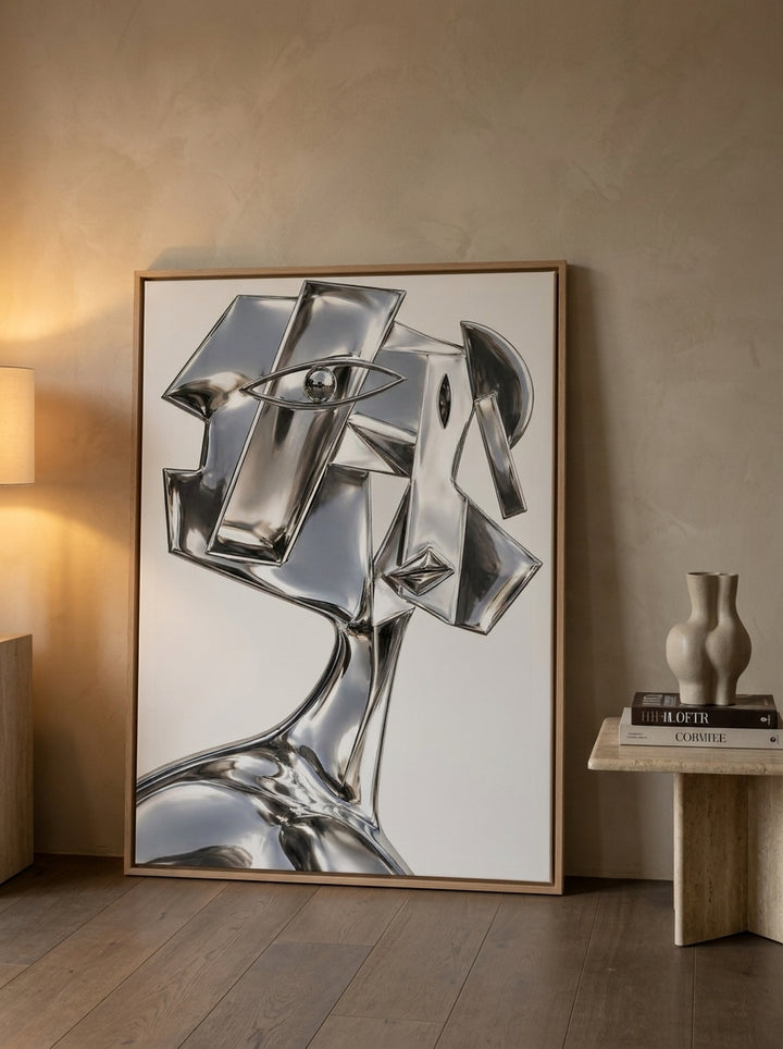 Oversized statement canvas wall art with a natural timber surround leaning against the wall in a luxe bedroom