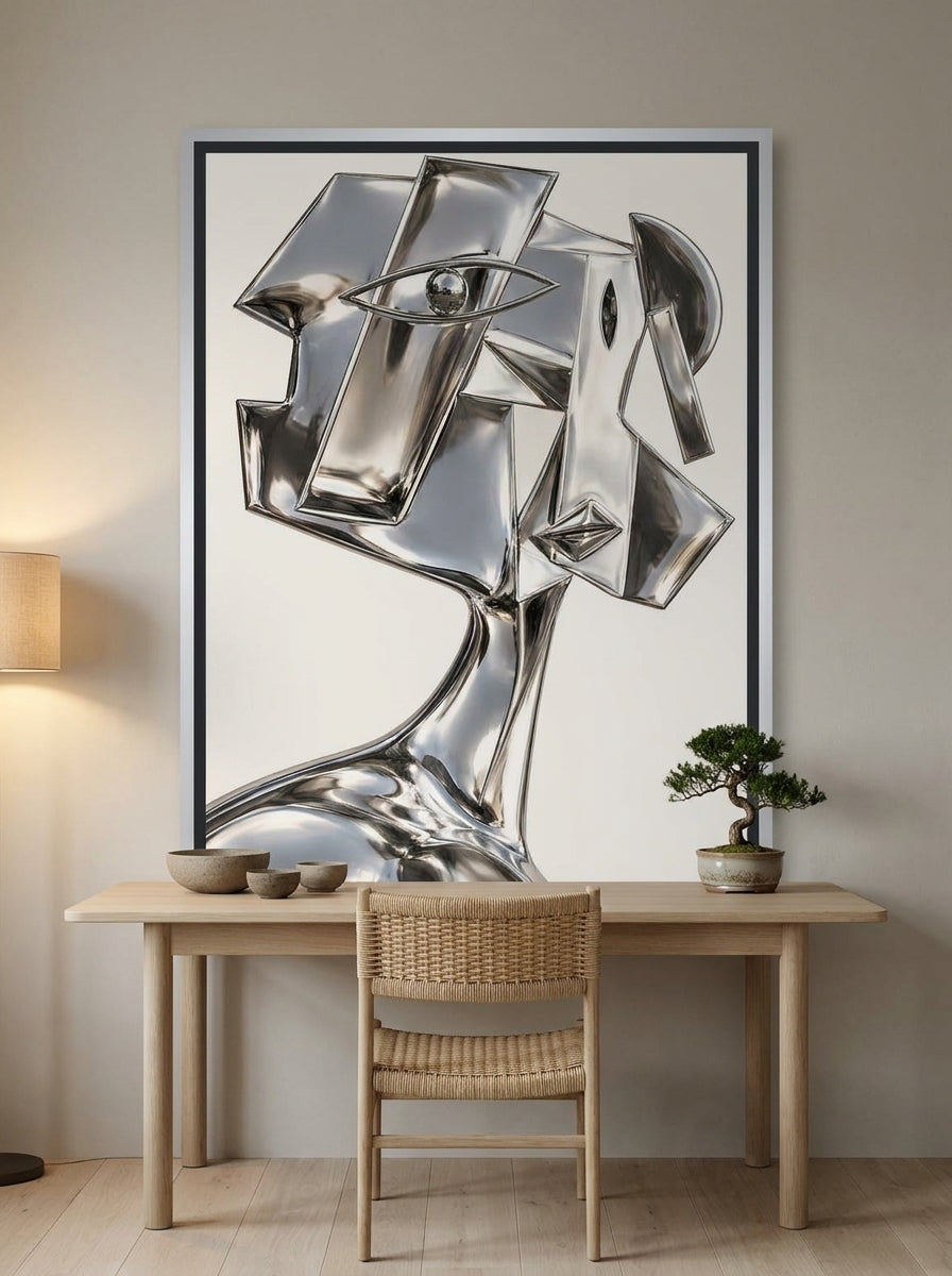 Canvas wall art with a silver leaf surround styled on the wall in a warm Japandi home office