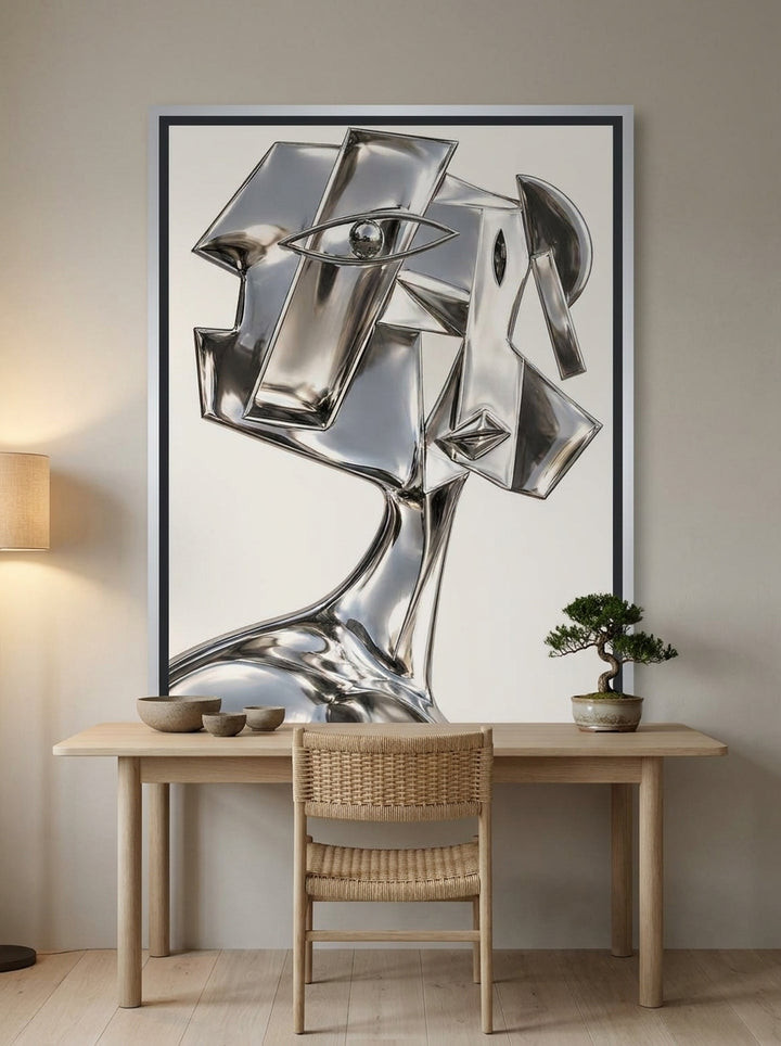 Canvas wall art with a silver leaf surround styled on the wall in a warm Japandi home office