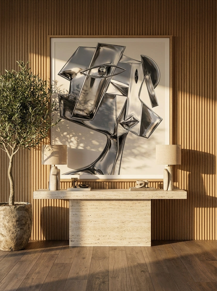 Modern wall art print styled on the wall in a luxe living room