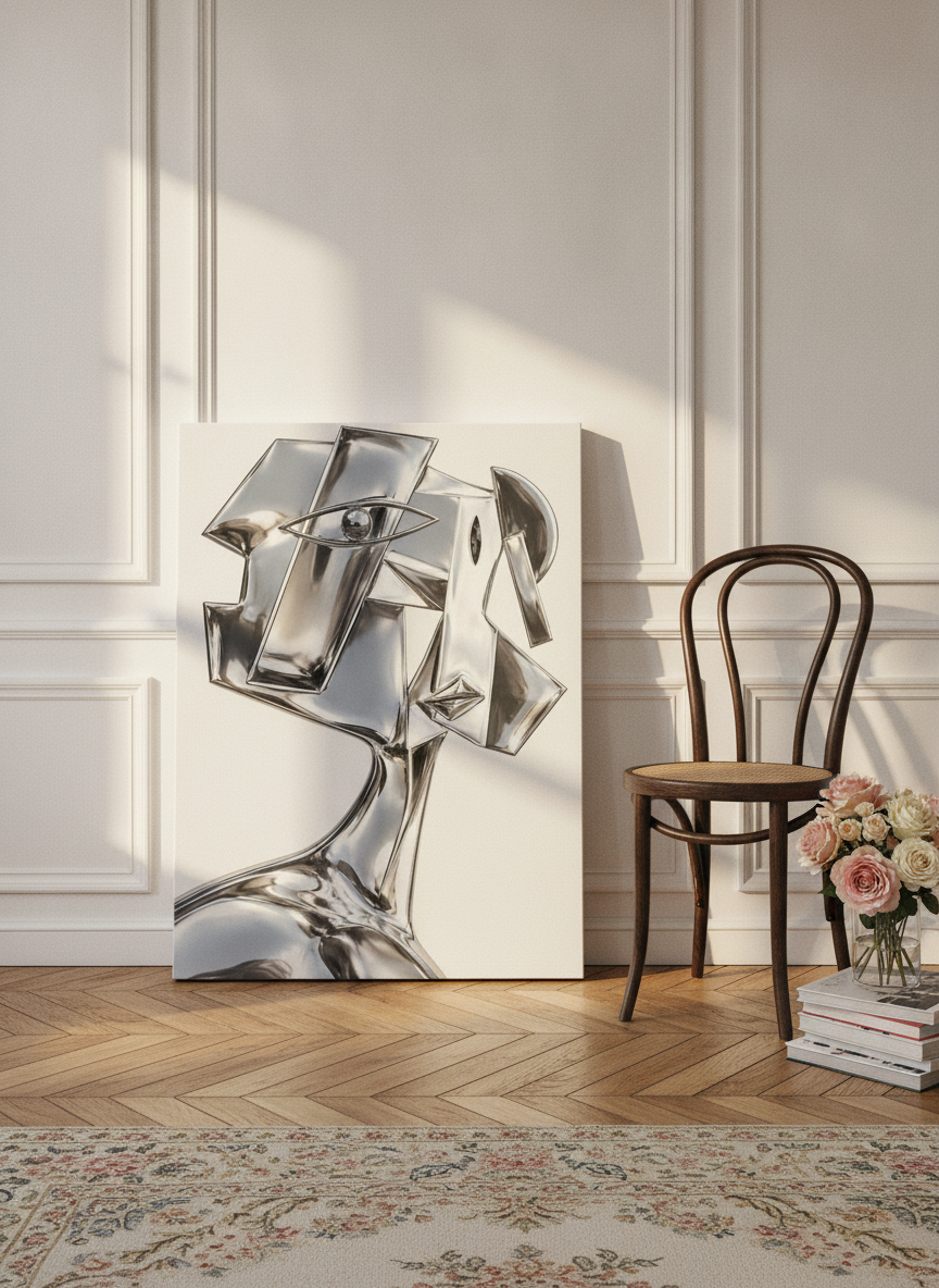 Stretched canvas wall art leaning against the wall in a Parisian home office