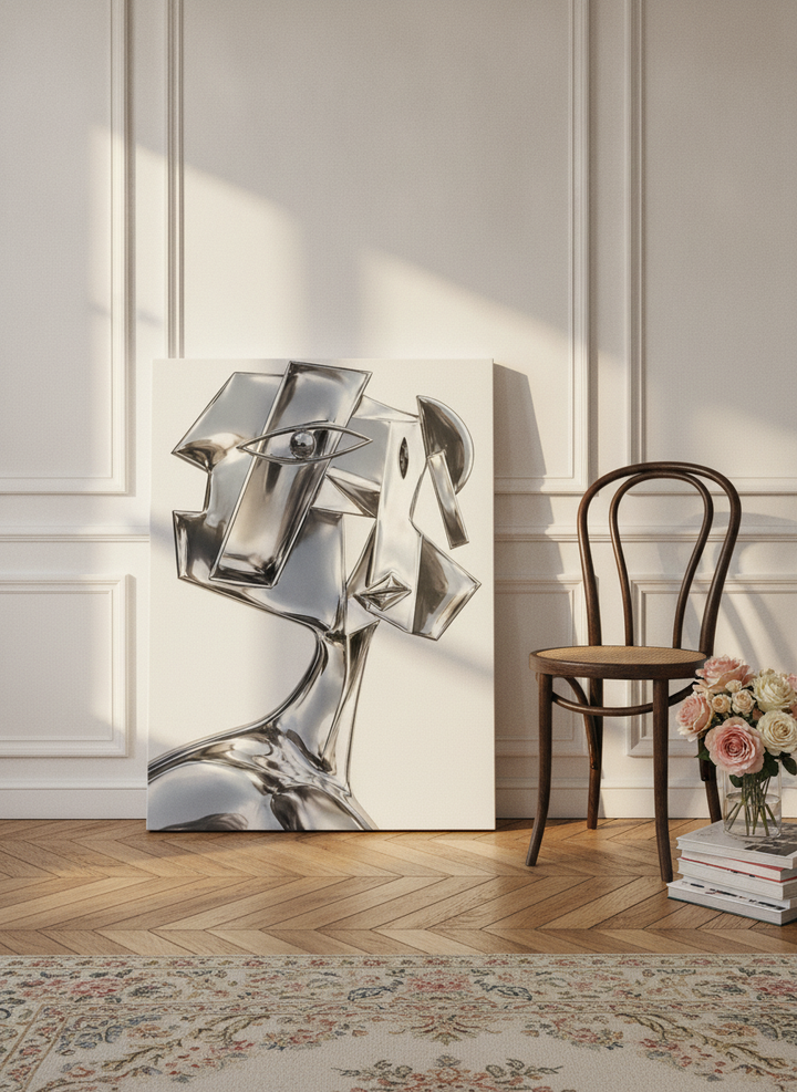 Stretched canvas wall art leaning against the wall in a Parisian home office