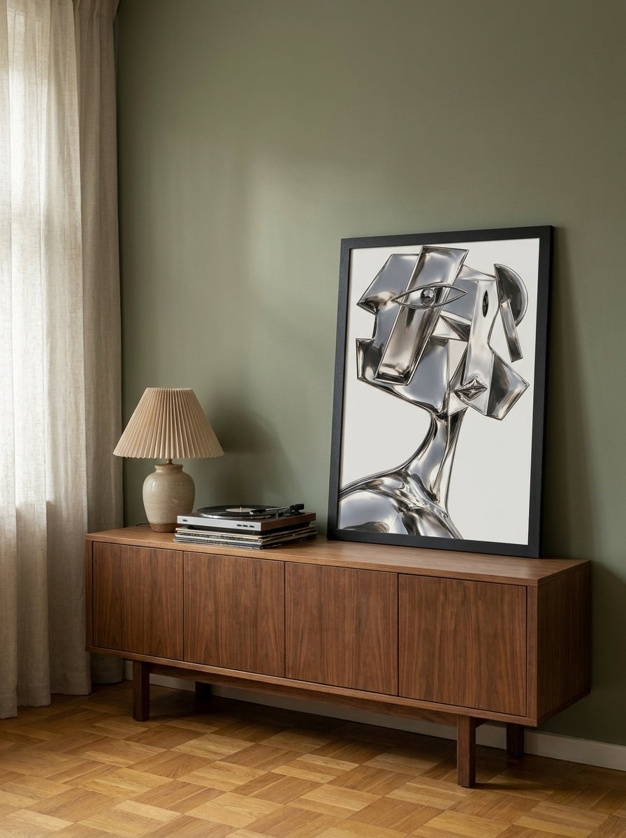 Modern wall art print standing on a sideboard in a mid-century bedroom