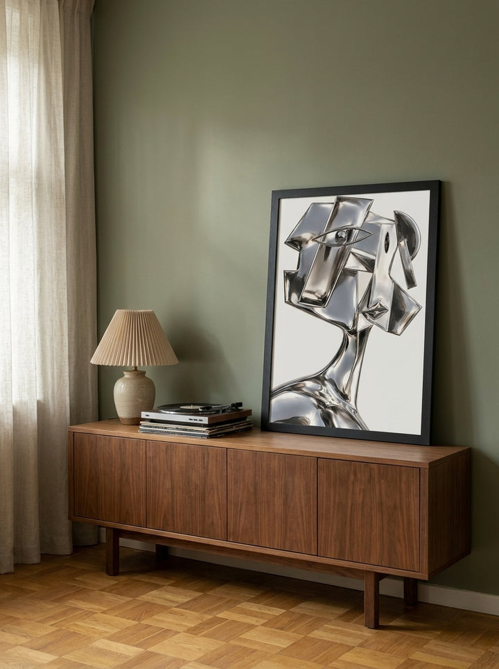 Modern wall art print standing on a sideboard in a mid-century bedroom