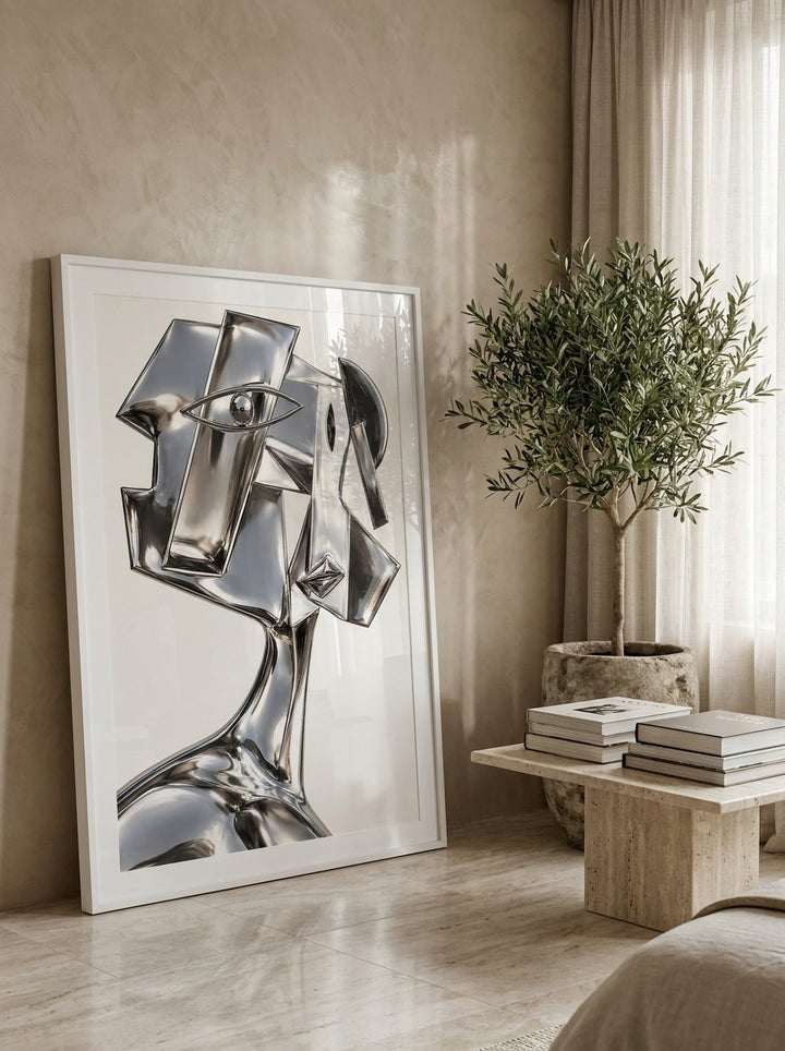 Oversized statement modern wall art print leaning against the wall in a luxe bedroom