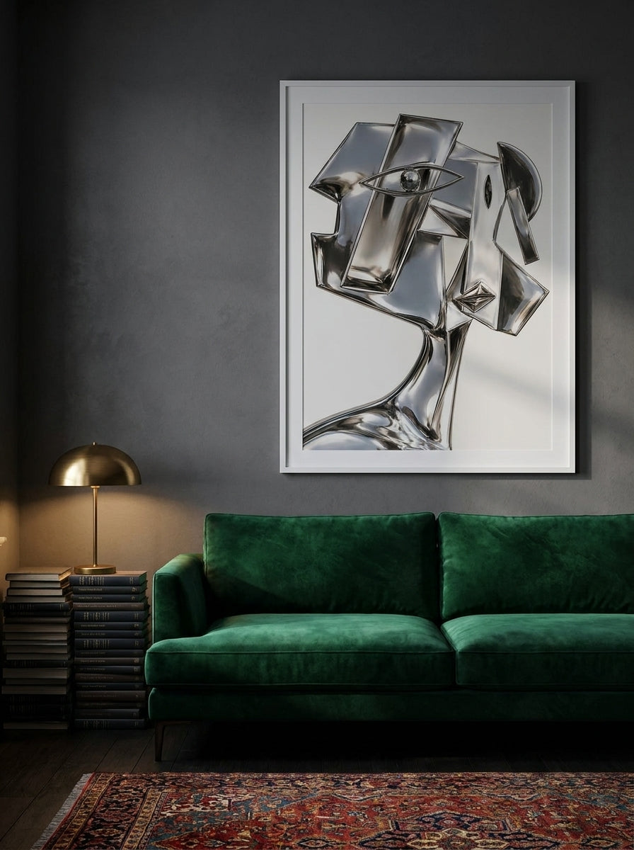 Oversized statement modern wall art print styled on the wall in a moody living room