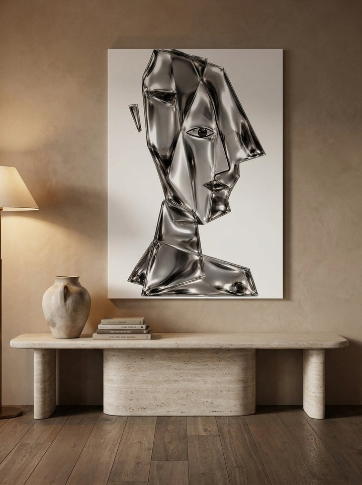 Stretched canvas wall art styled on the wall in a luxe living room