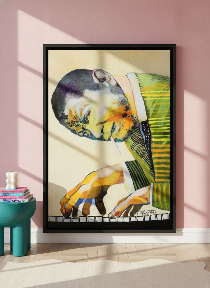 Oversized statement canvas wall art with a black surround leaning against the wall in a colourful eclectic dining room