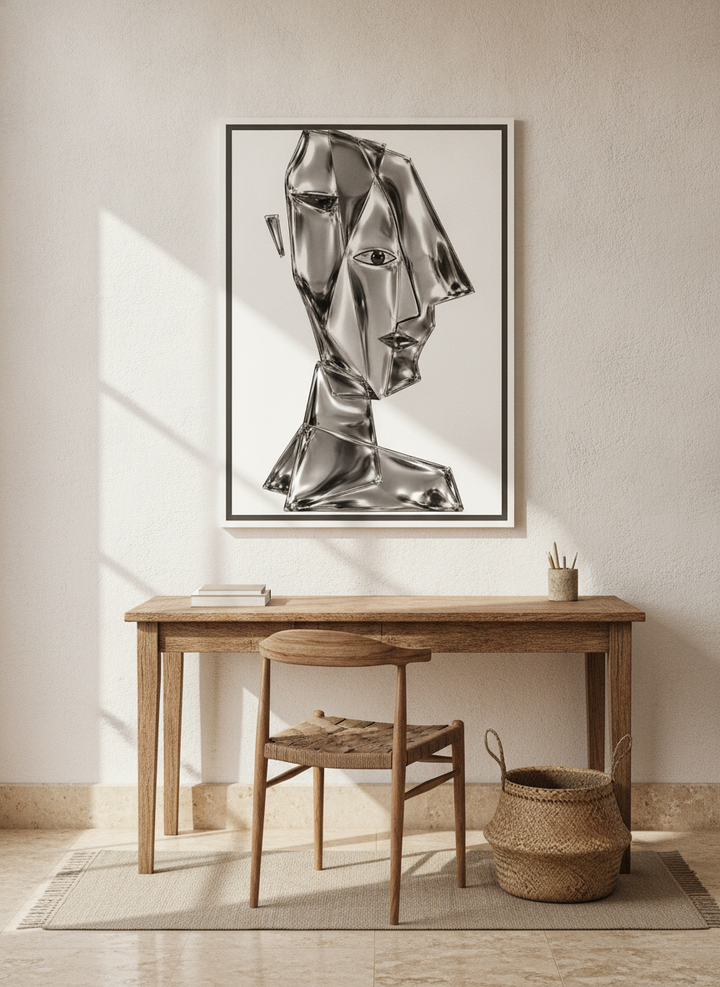 Canvas wall art with a white surround styled on the wall in a Mediterranean home office
