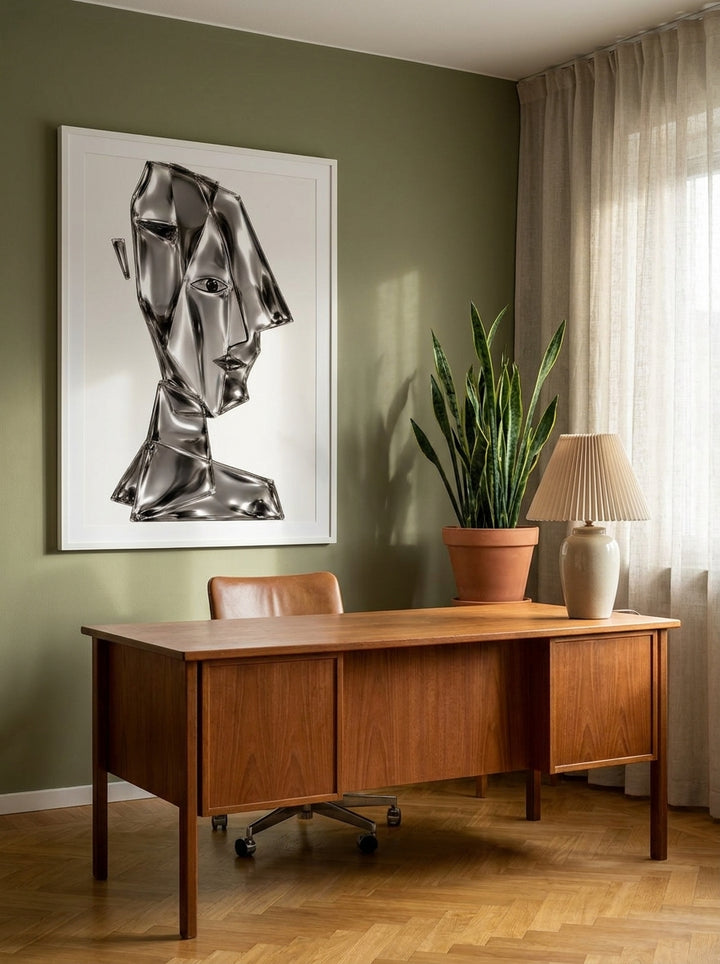 Modern wall art print styled on the wall in a mid-century home office
