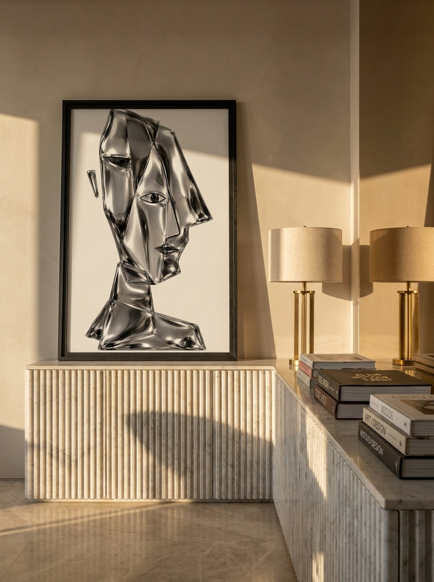 Modern wall art print standing on a sideboard in a luxe home office