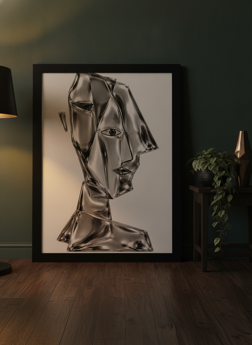 Oversized statement modern wall art print leaning against the wall in a moody living room