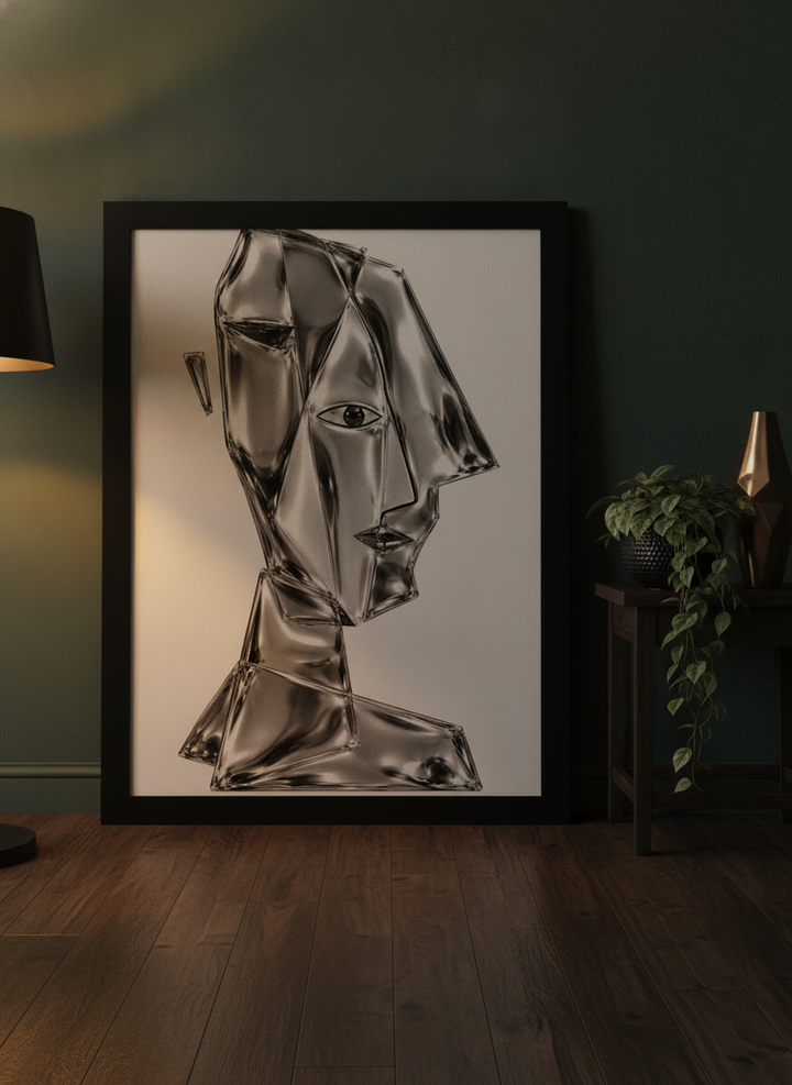 Oversized statement modern wall art print leaning against the wall in a moody living room