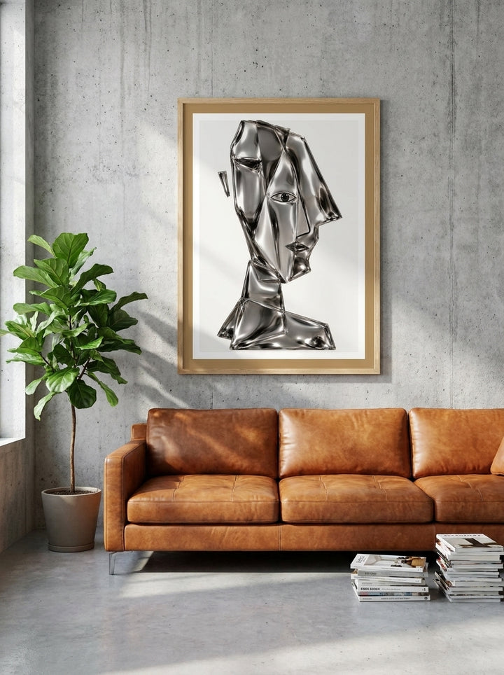 Modern wall art print styled on the wall in an industrial loft living room