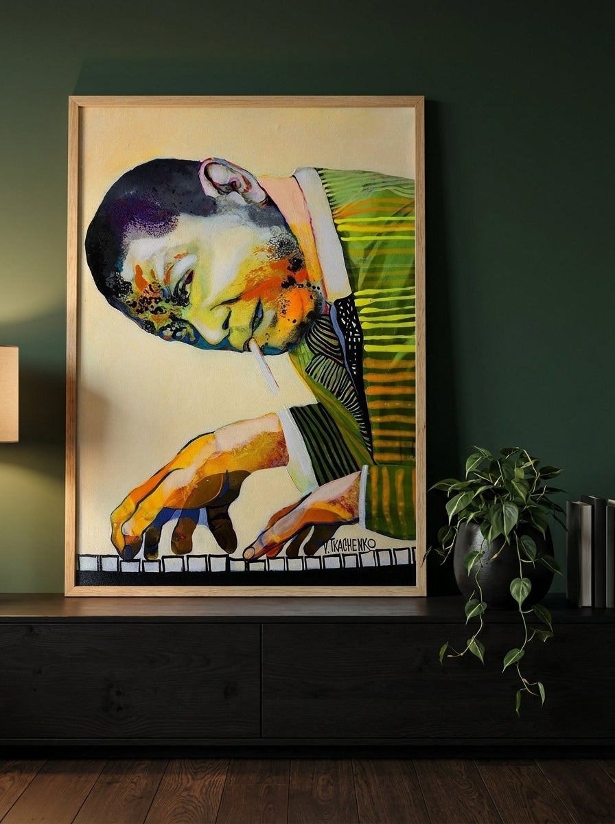 Modern wall art print standing on a console in a moody living room