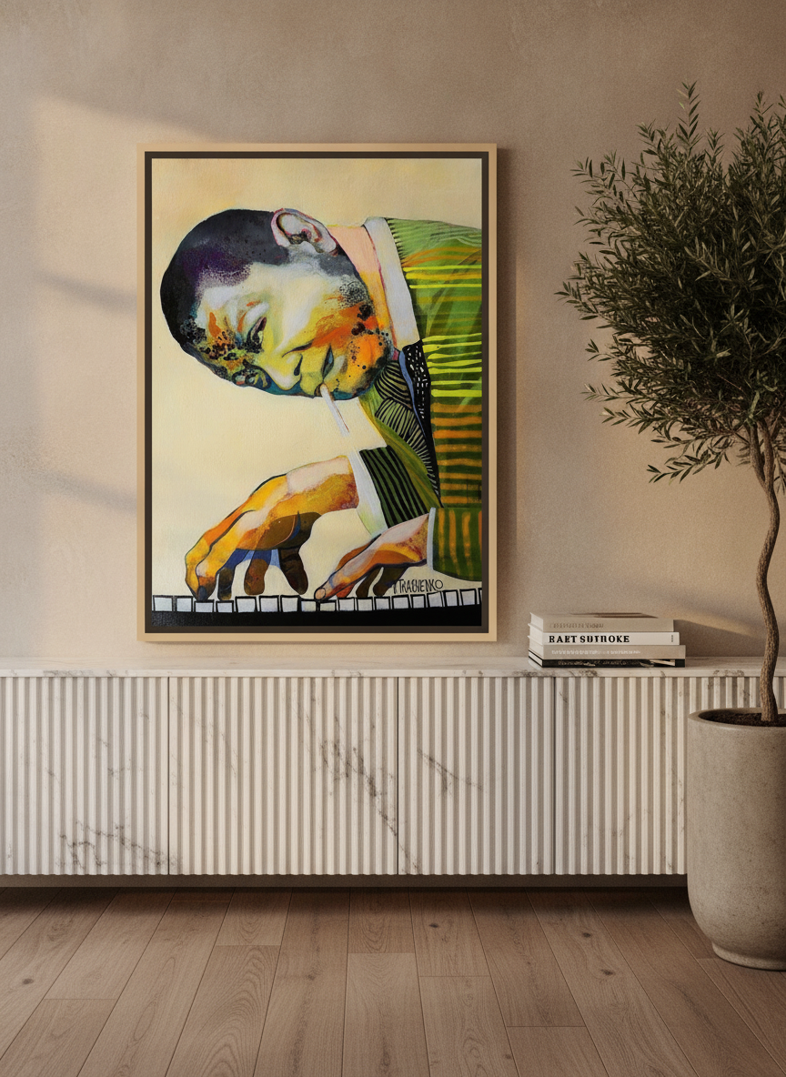 Canvas wall art with a natural timber surround standing on a sideboard in a luxe home office