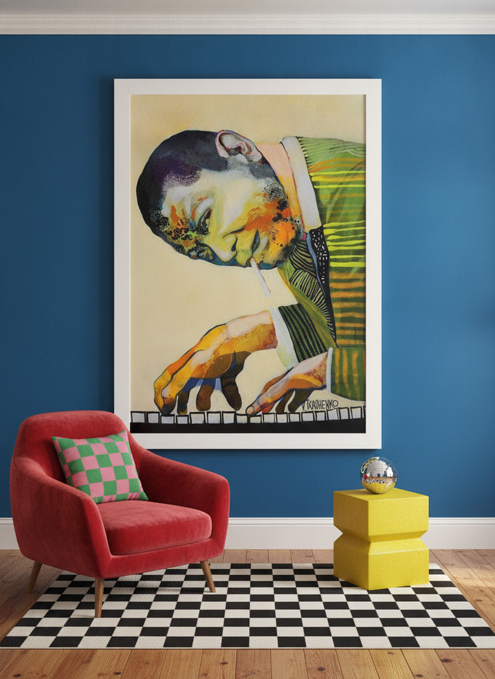 Oversized statement modern wall art print leaning against the wall in a colourful eclectic living room