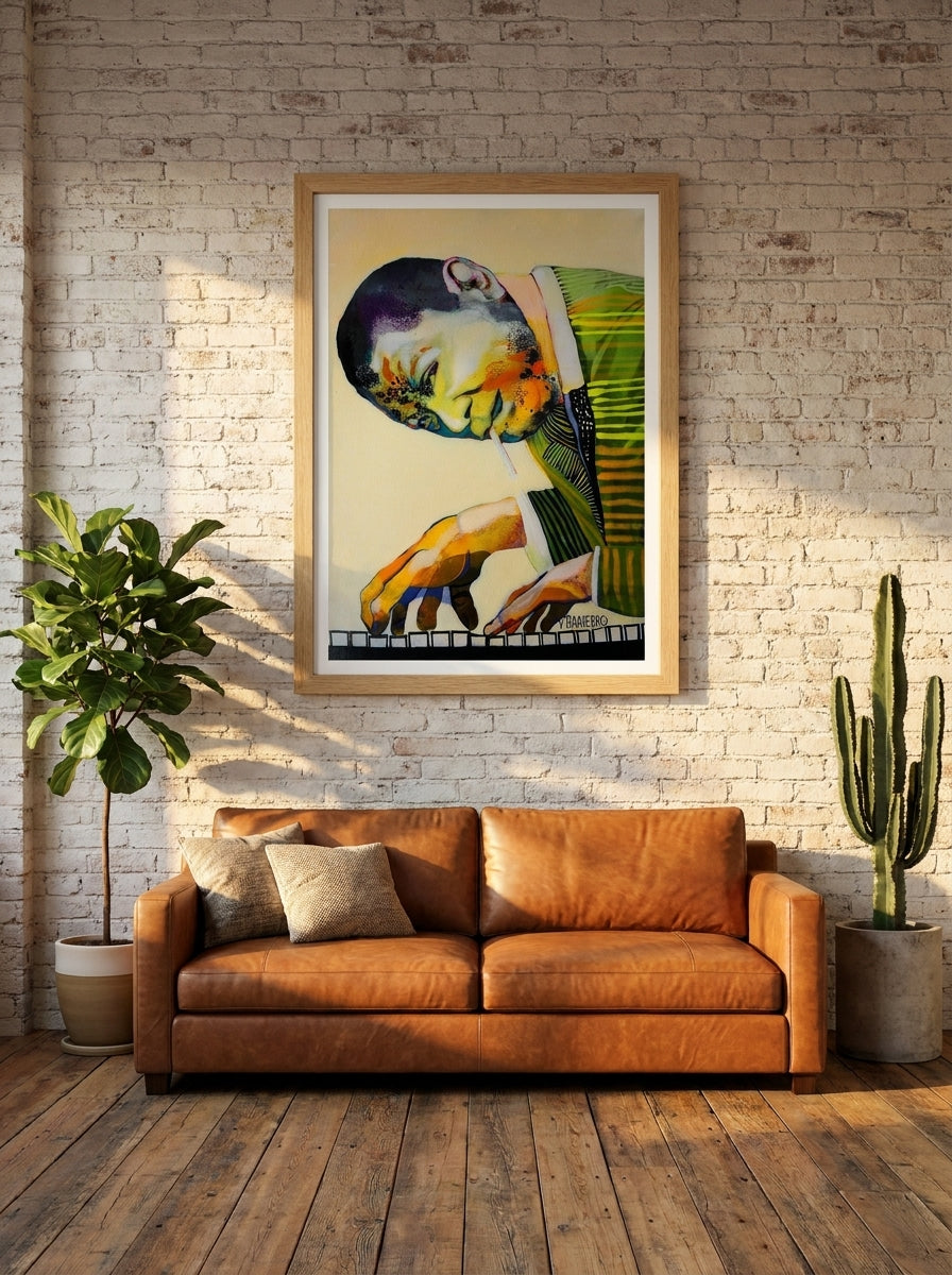 Modern wall art print styled on the wall in an industrial loft living room