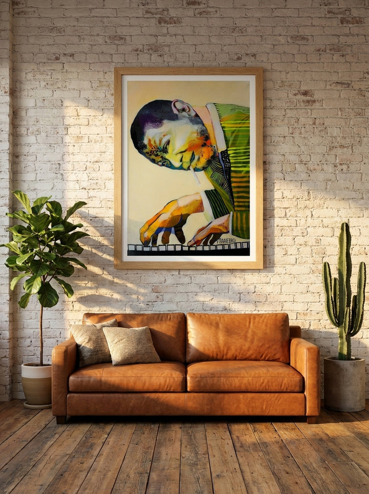 Modern wall art print styled on the wall in an industrial loft living room