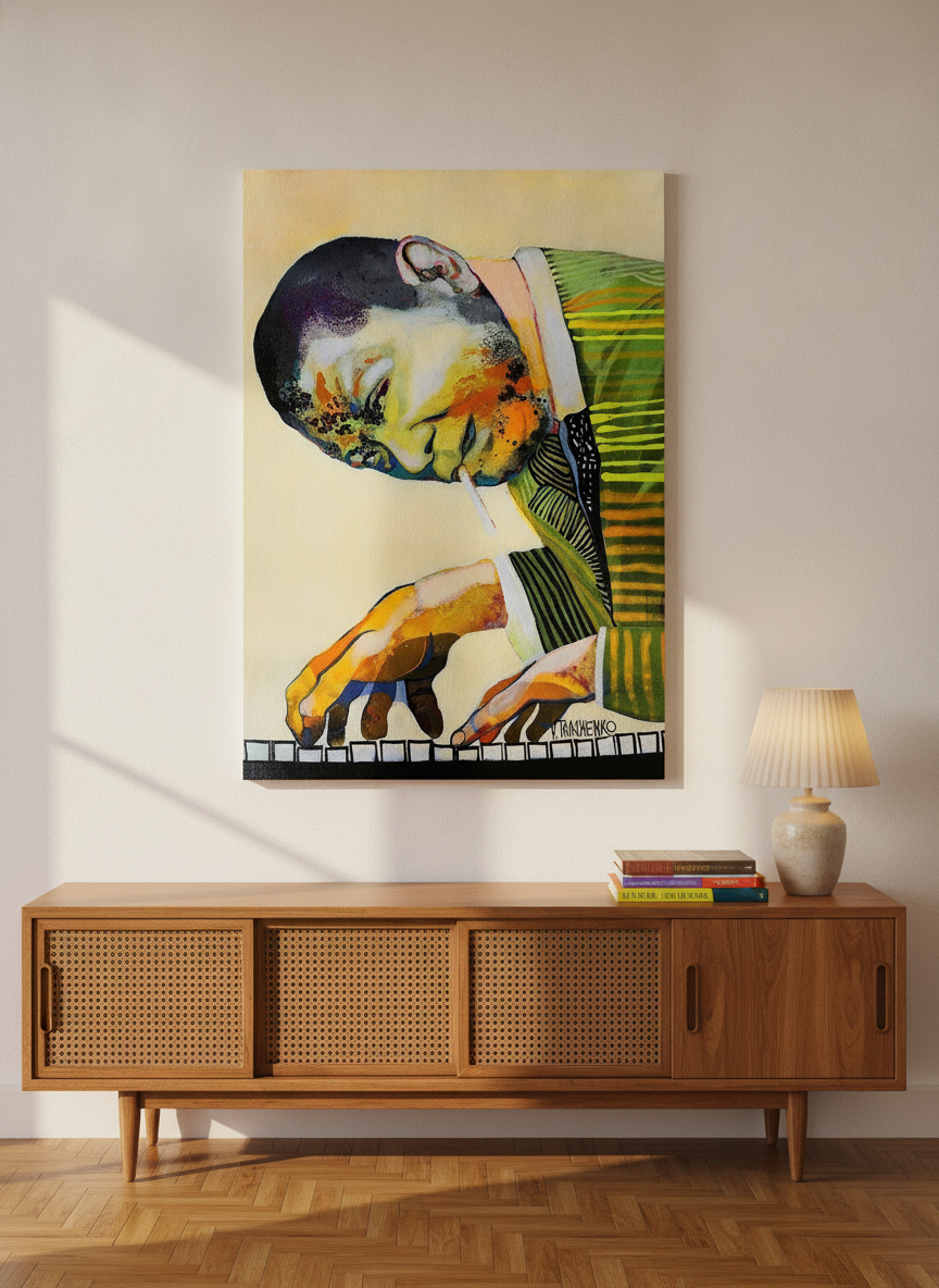 Stretched canvas wall art styled on the wall in a mid-century living room