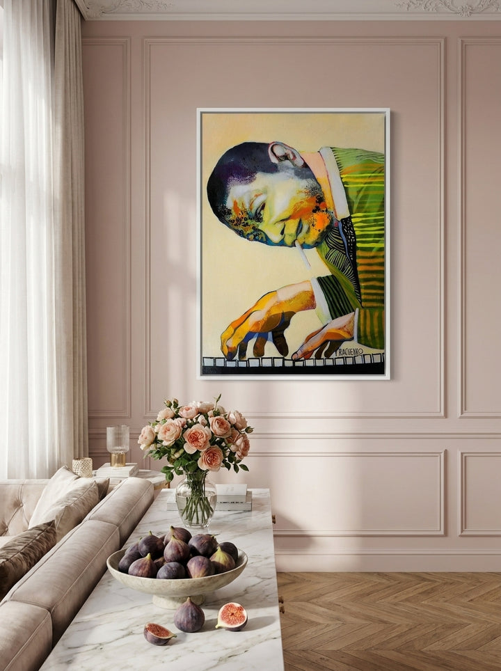 Canvas wall art with a white surround styled on the wall in a Parisian living room