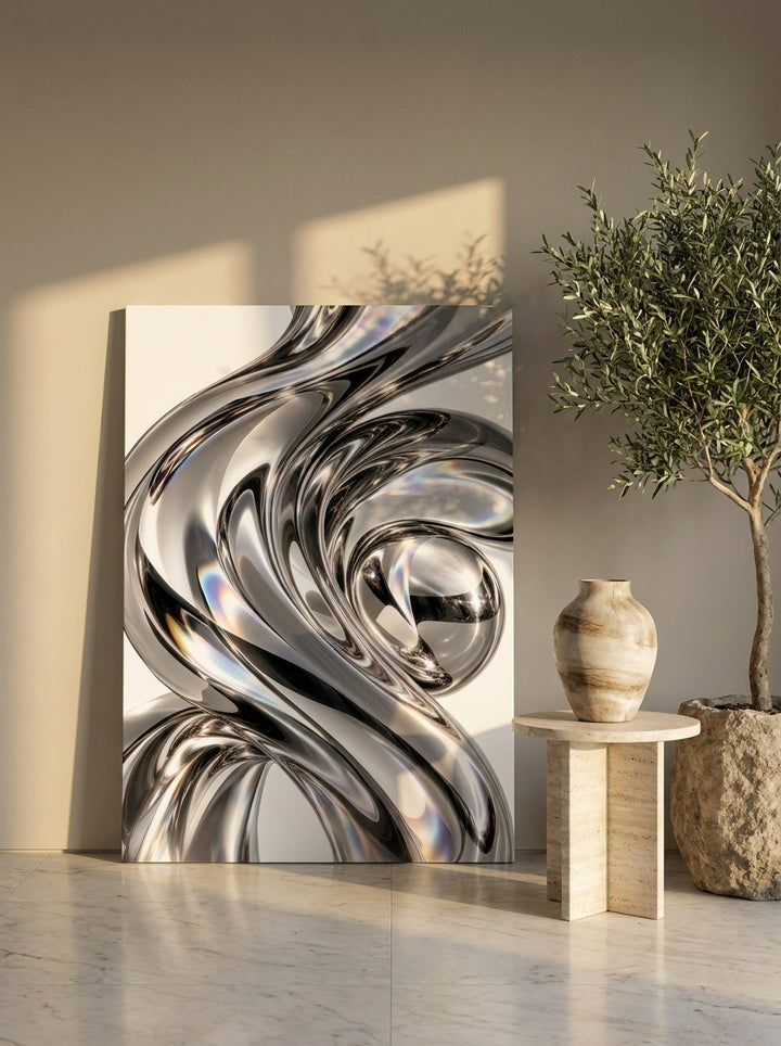 Stretched canvas wall art leaning against the wall in a luxe dining room