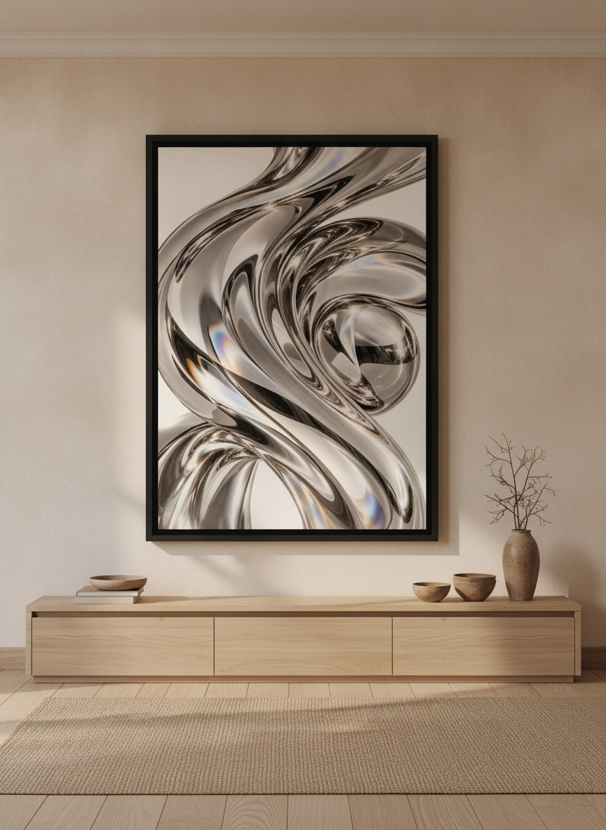 Oversized statement canvas wall art with a black surround styled on the wall in a warm Japandi living room