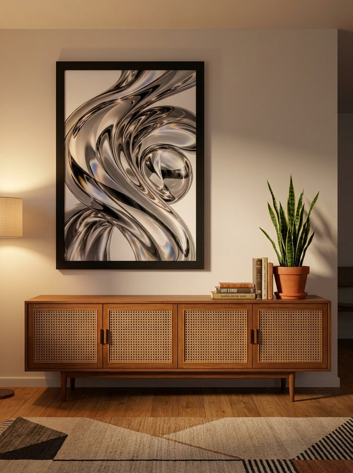 Oversized statement modern wall art print styled on the wall in a mid-century living room