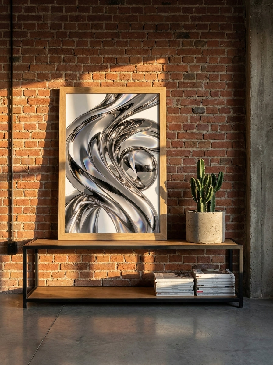 Modern wall art print standing on a console in an industrial loft bedroom