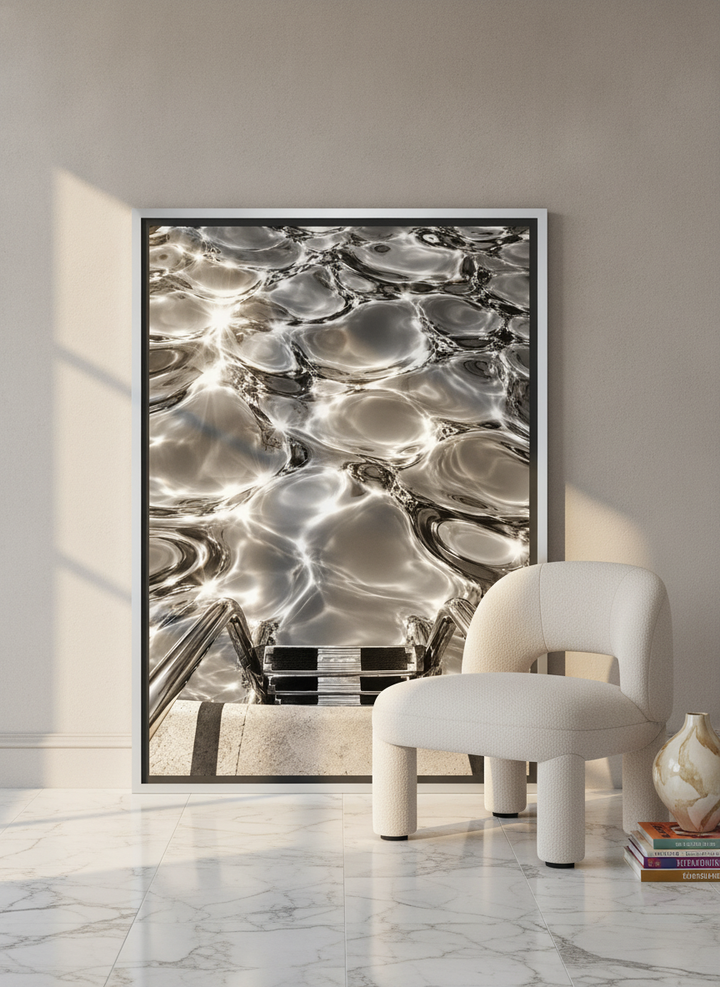Canvas wall art with a silver leaf surround leaning against the wall in a luxe dining room