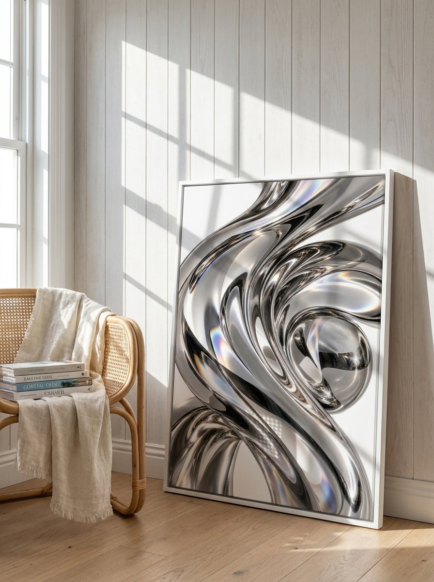 Canvas wall art with a white surround leaning against the wall in a coastal home office