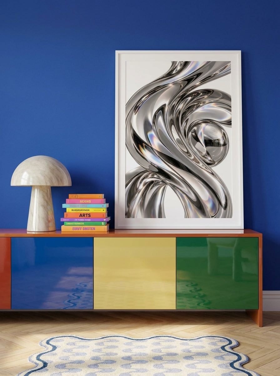 Modern wall art print standing on a sideboard in a colourful eclectic home office