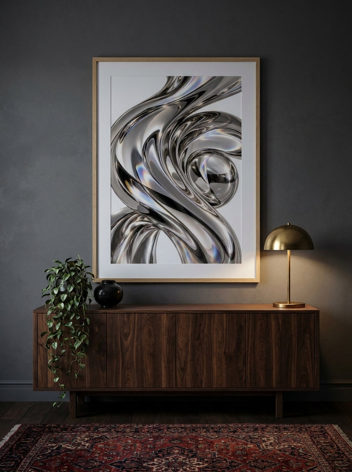 Modern wall art print styled on the wall in a moody living room