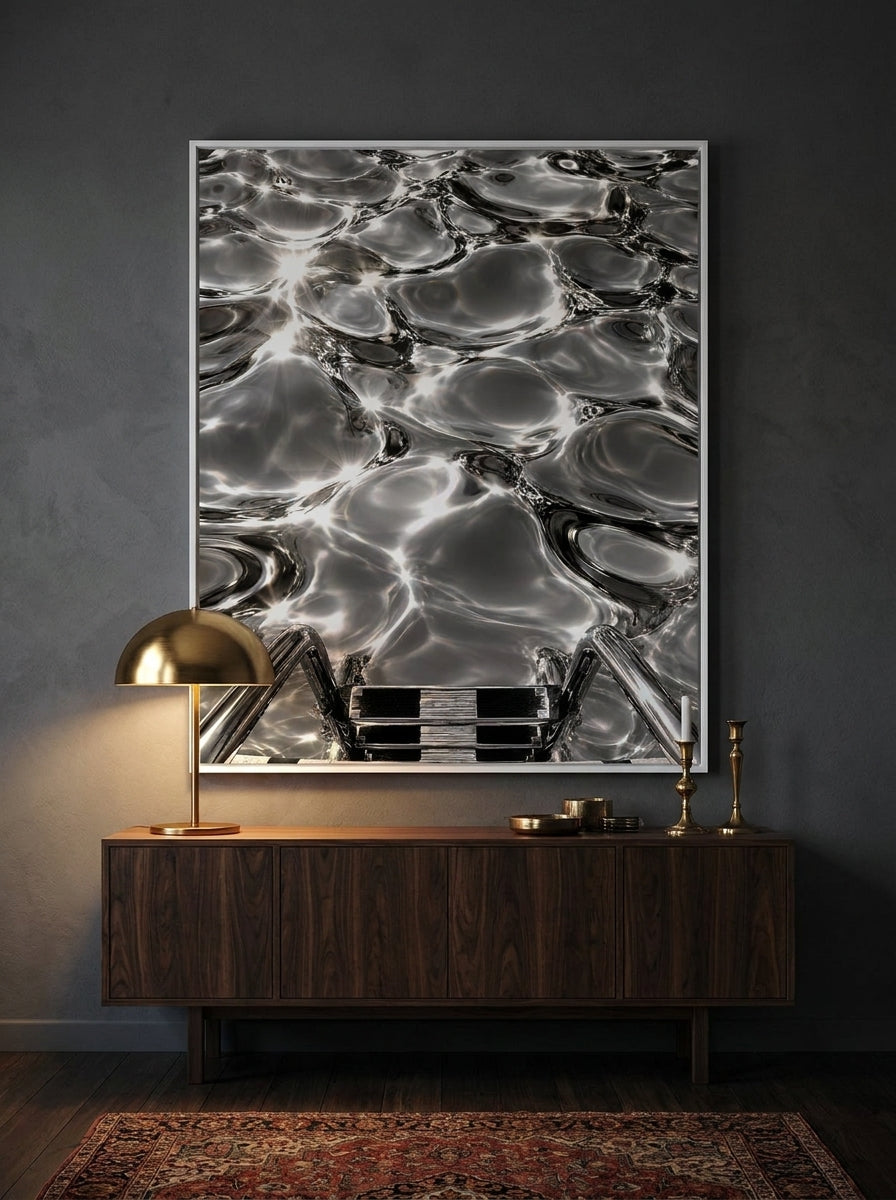 Modern wall art print styled on the wall in a moody living room