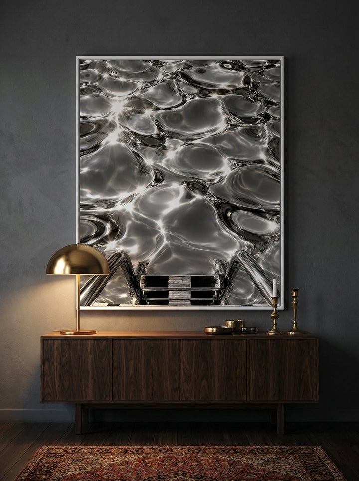 Modern wall art print styled on the wall in a moody living room
