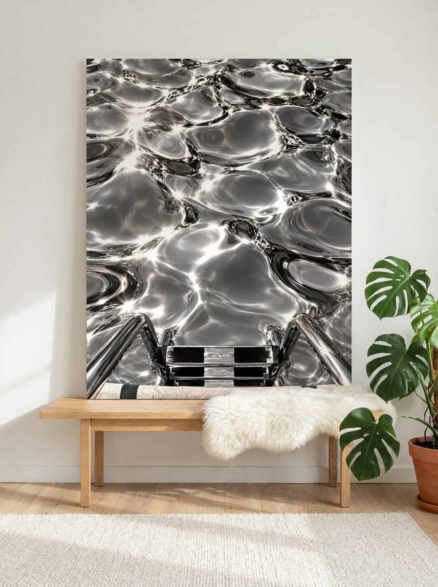 Stretched canvas wall art standing on a bench in a bright Scandinavian home office