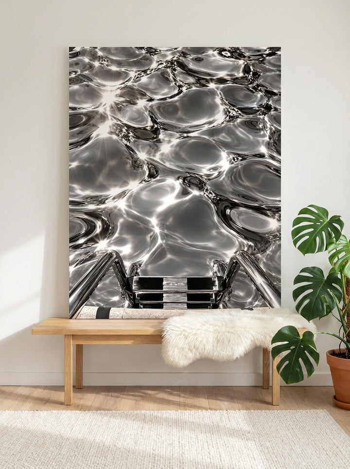 Stretched canvas wall art standing on a bench in a bright Scandinavian home office
