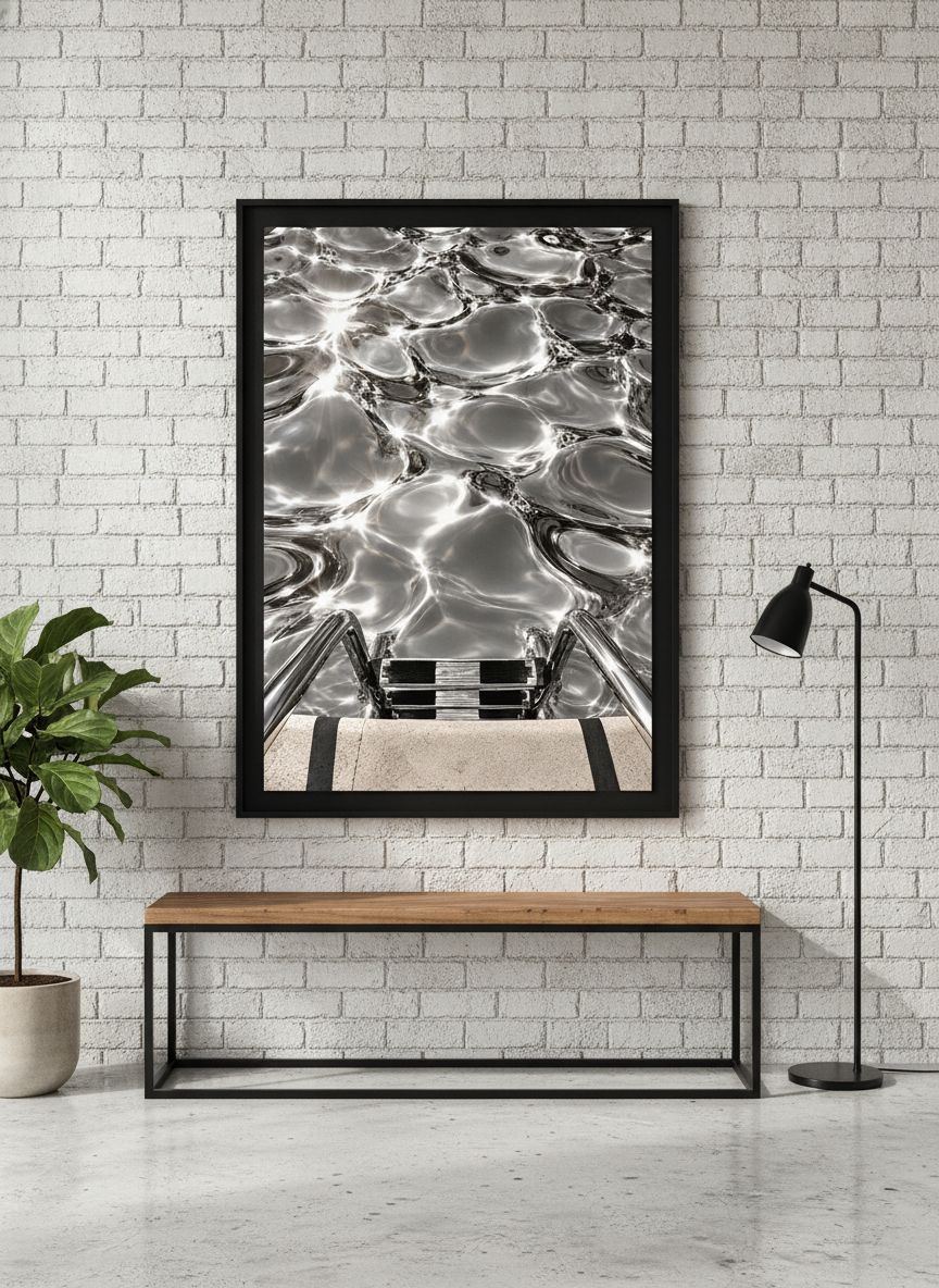 Oversized statement modern wall art print styled on the wall in an industrial loft living room