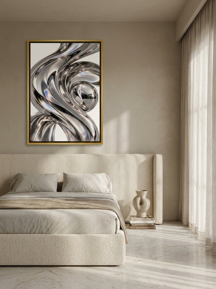 Oversized statement canvas wall art with a gold leaf surround styled on the wall in a luxe bedroom