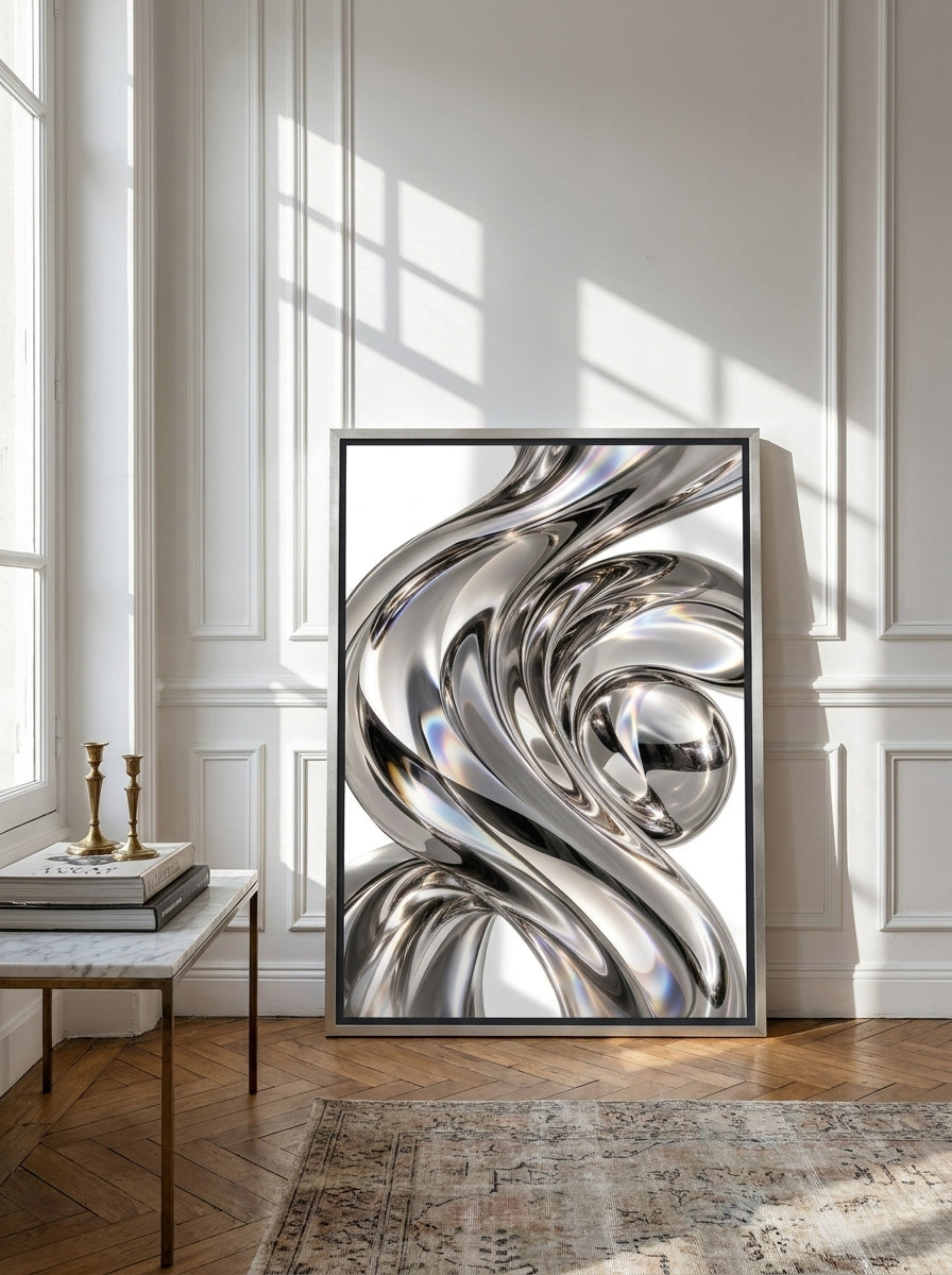 Canvas wall art with a silver leaf surround leaning against the wall in a Parisian bedroom