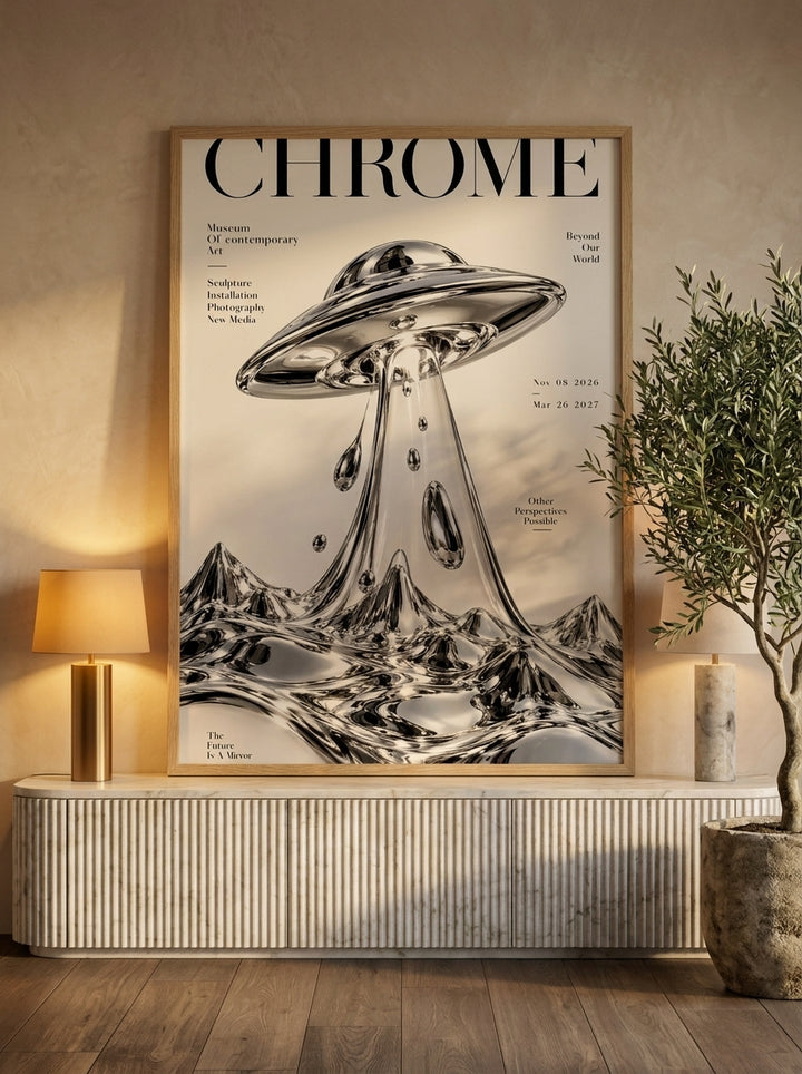 Modern wall art print standing on a sideboard in a luxe living room