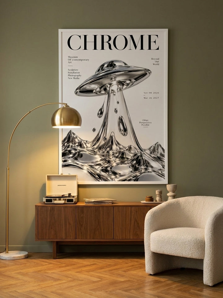 Oversized statement modern wall art print styled on the wall in a mid-century living room