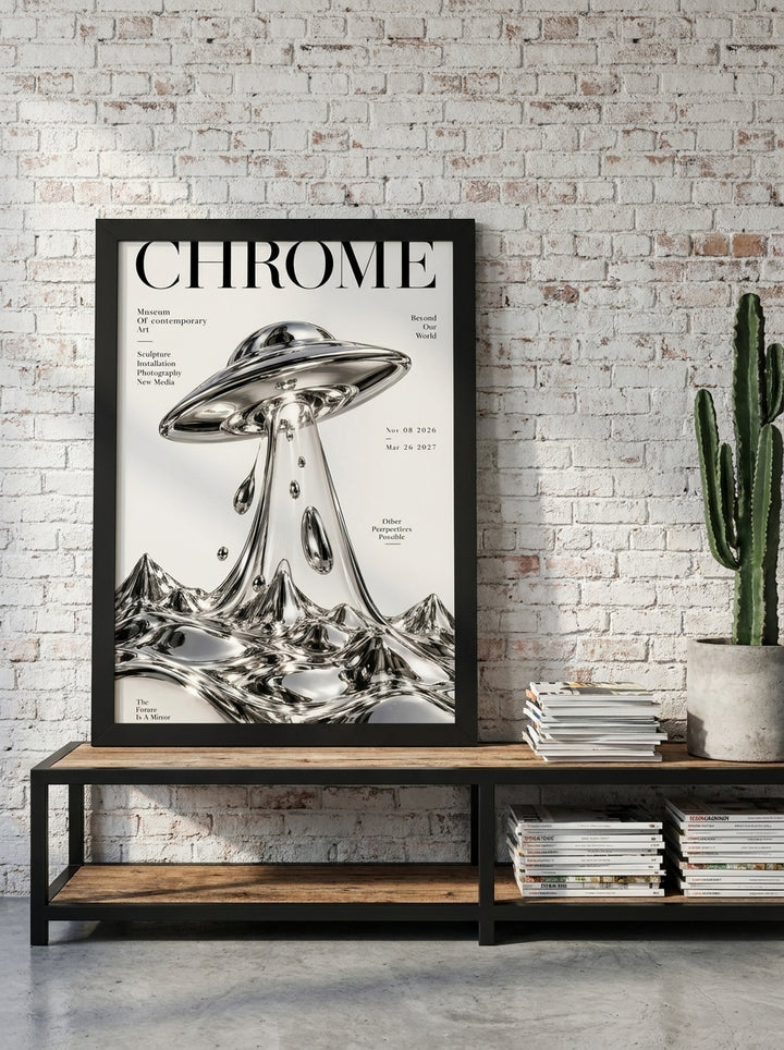 Modern wall art print standing on a console in an industrial loft home office