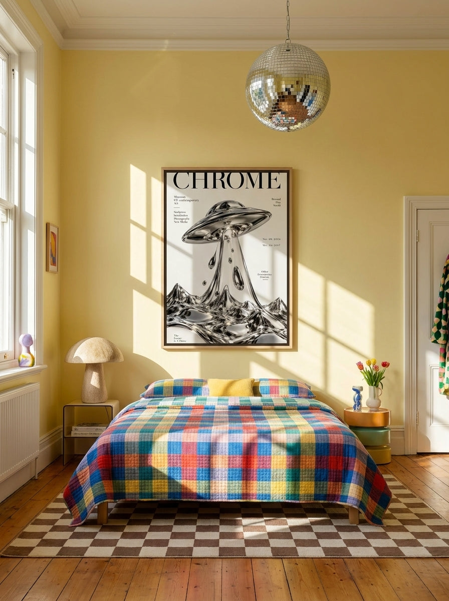 Oversized statement canvas wall art with a natural timber surround styled on the wall in a colourful eclectic bedroom
