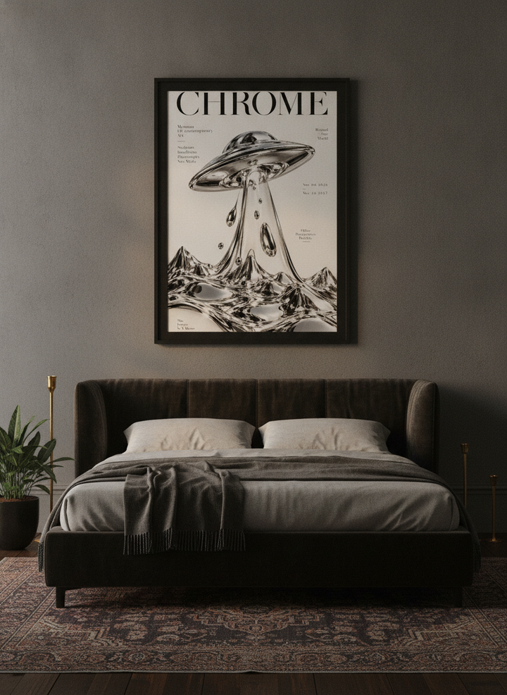 Modern wall art print styled on the wall in a moody bedroom