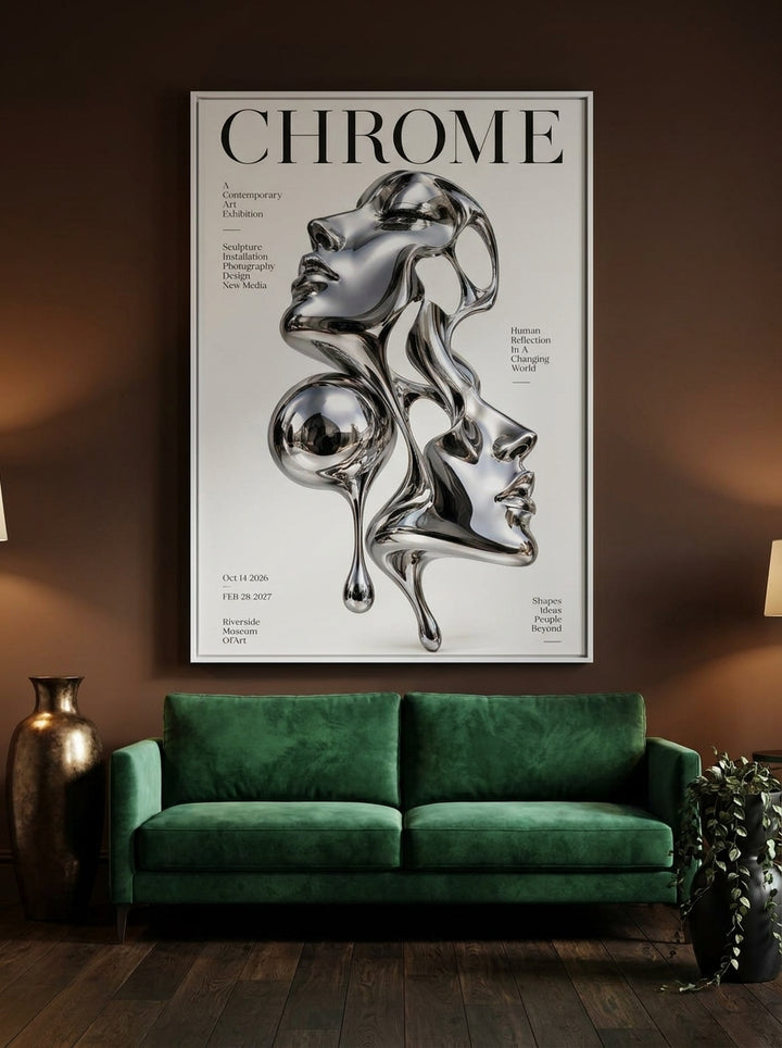 Oversized statement modern wall art print styled on the wall in a moody living room