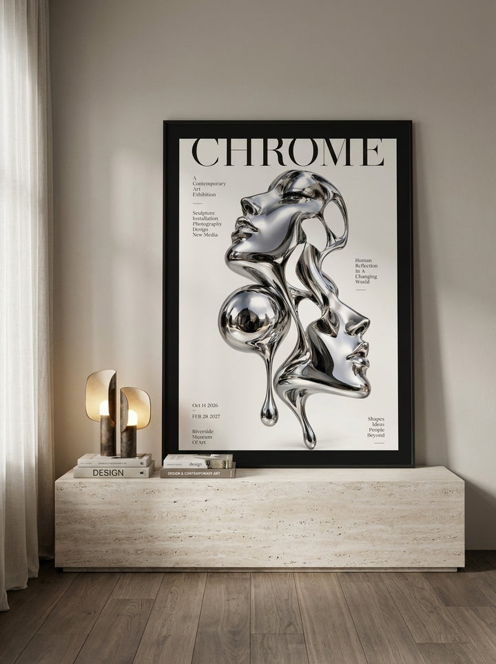 Modern wall art print standing on a console in a luxe home office