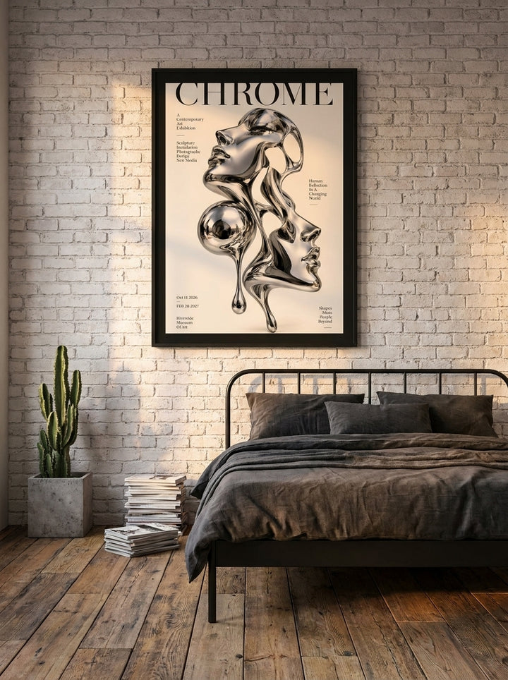 Modern wall art print styled on the wall in an industrial loft bedroom