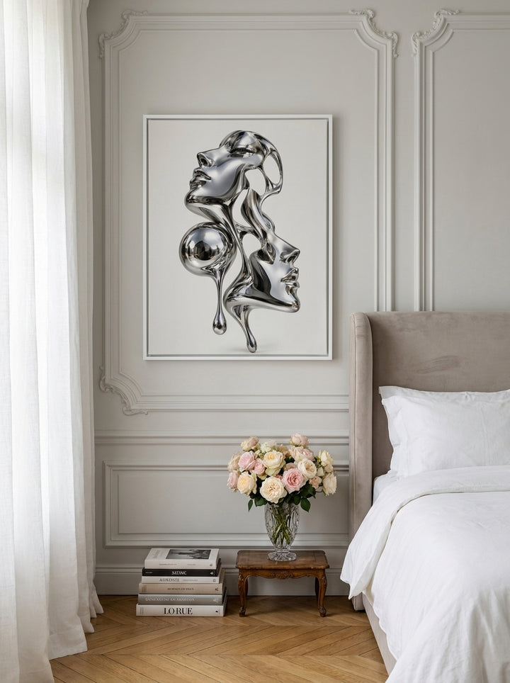 Canvas wall art with a white surround styled on the wall in a Parisian bedroom